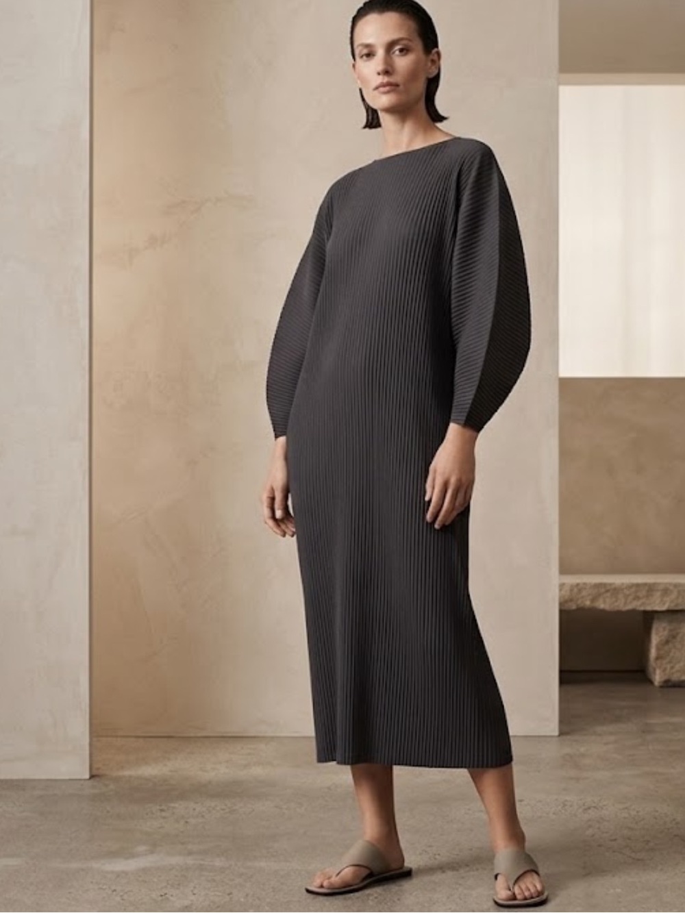 COS Black Ribbed Long-Sleeve Boatneck Pleated Midi Dress Size Large